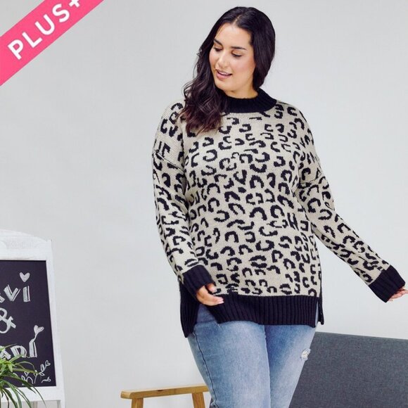 DAVI & DANI Plus Size Leopard Print Sweater | Black & Beige Knit Pullover - Picture 4 of 6